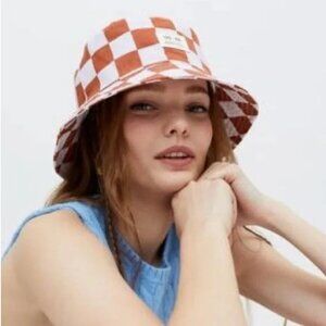 Urban Outfitters Orange and White Checkered Bucket Hat Unisex